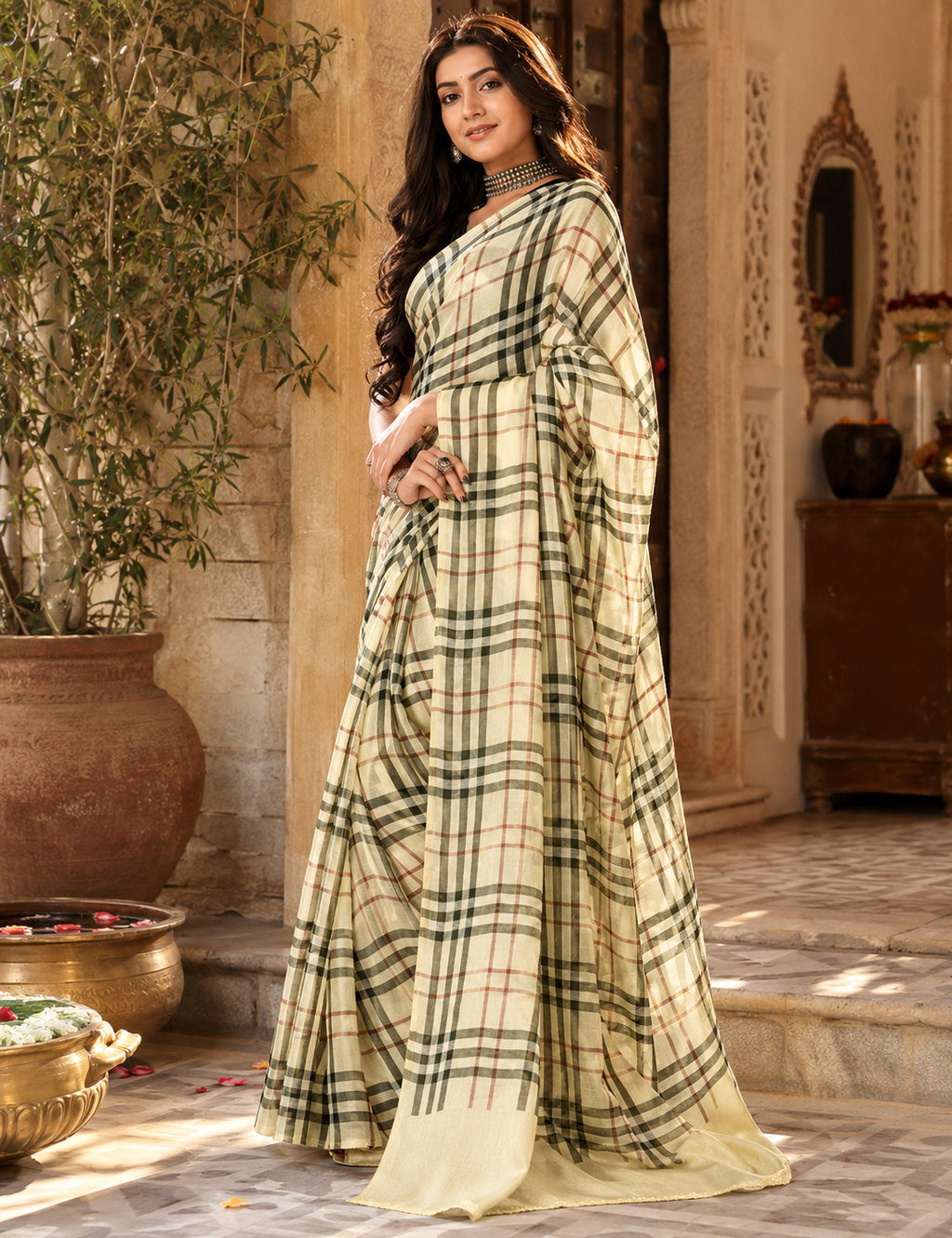 Satin Silk Printed Saree With Unstitched Blouse(Cream)