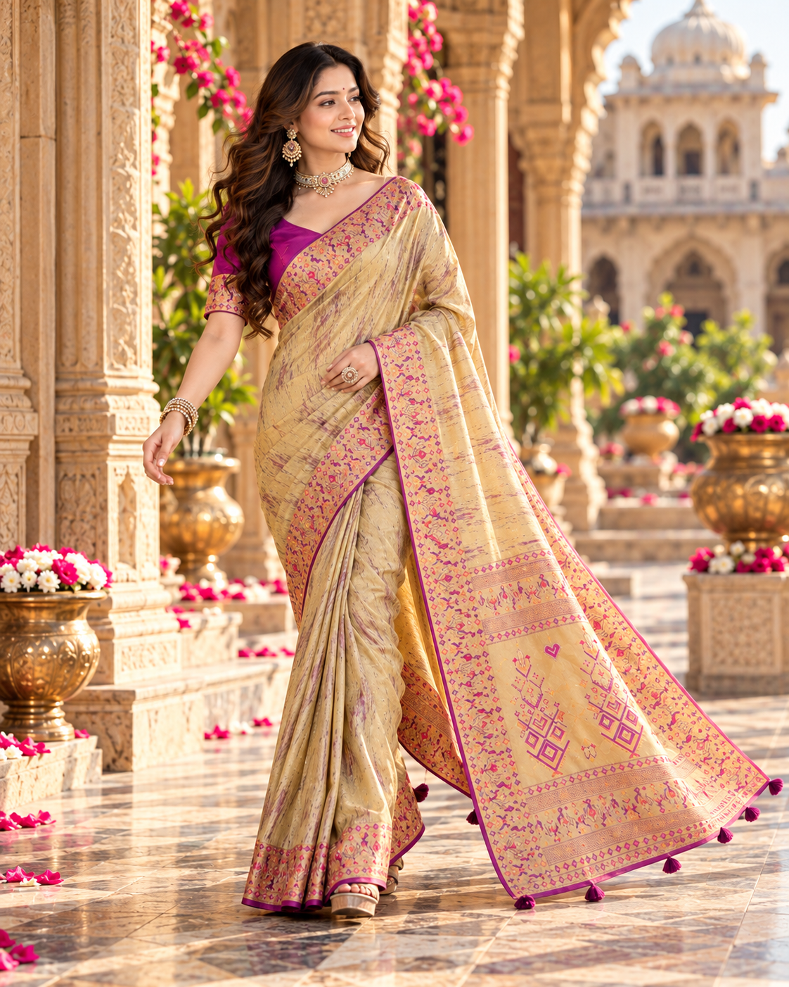 Premium Tissue Silk Zari Border Work Saree With Unstitched Blouse(Peach)