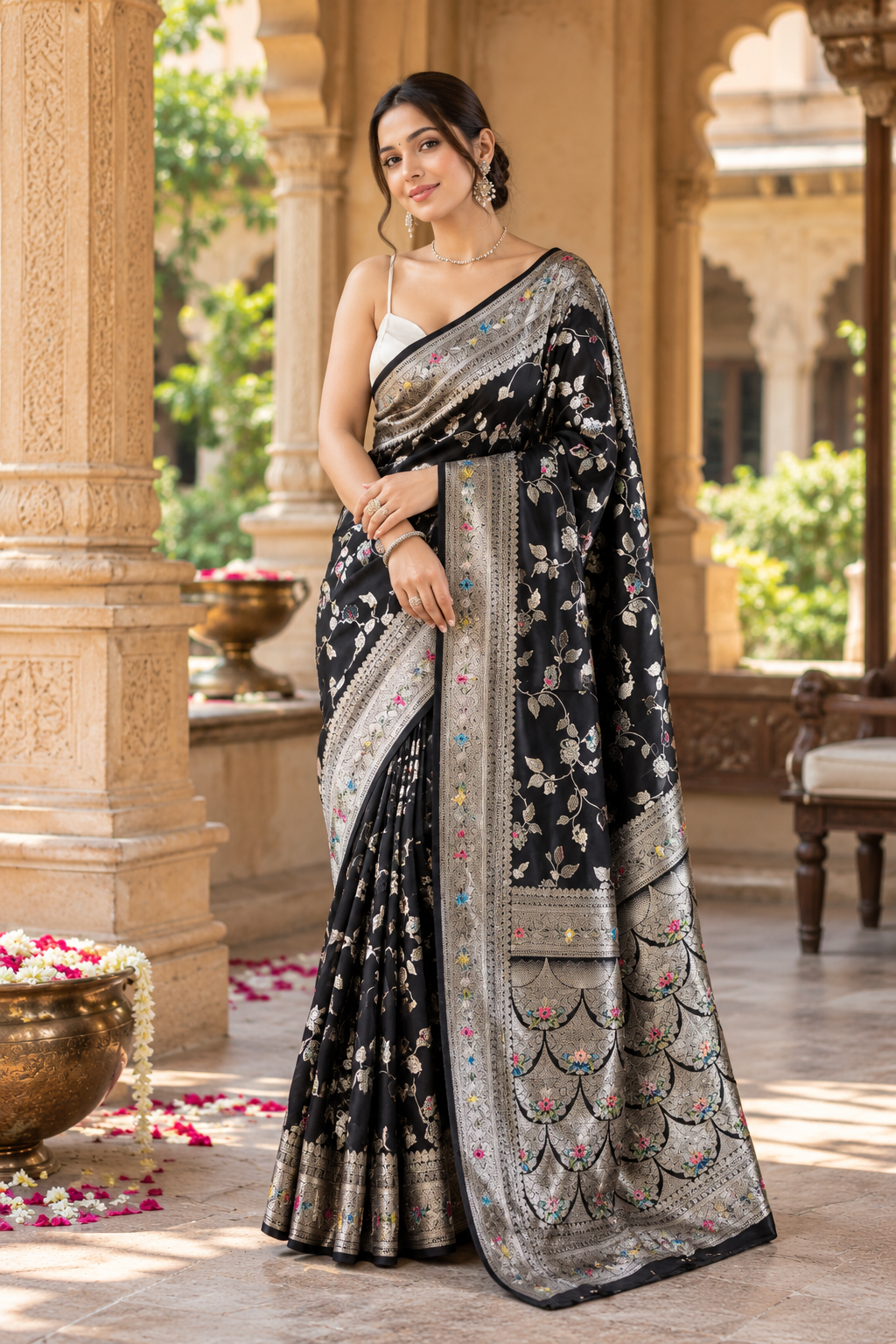 Banarasi Silk Zari Border Work Saree With Unstitched Blouse(Black)