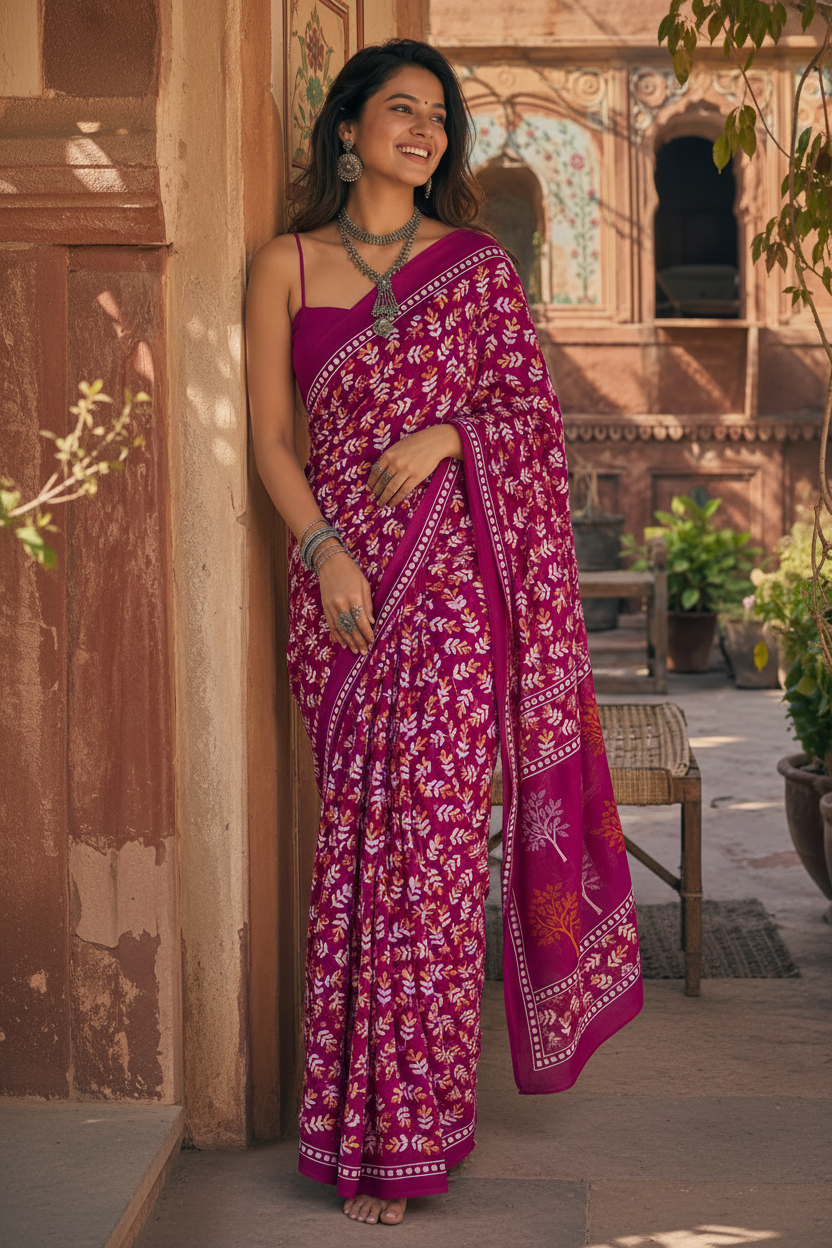 Pure Mulmul Cotton Printed Saree With Unstitched Blouse(Rani)