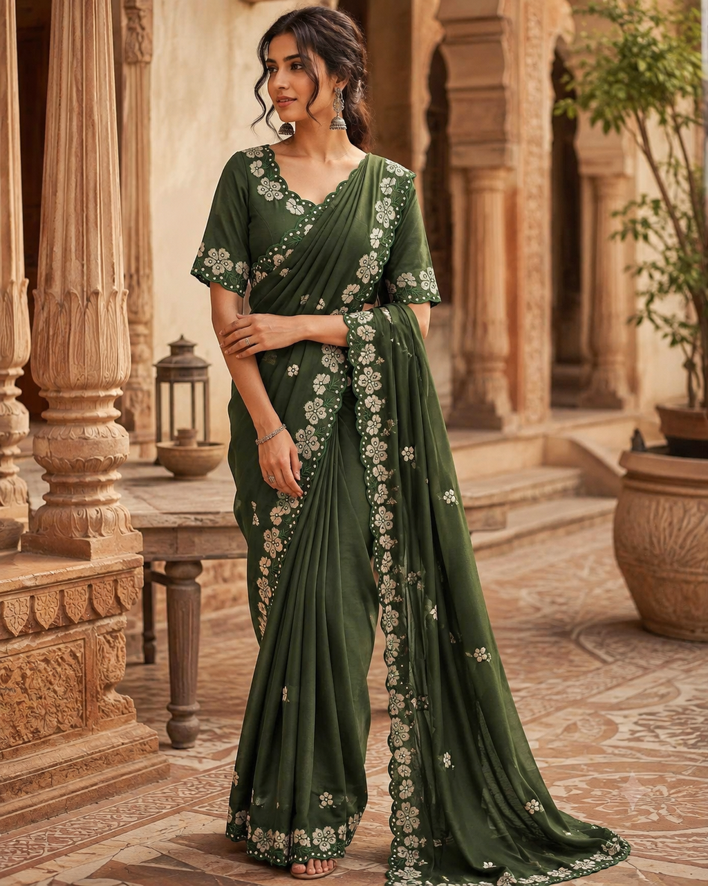Premium Georgette Heavy Work Saree With Unstitched Blouse(Green)