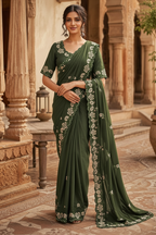 Premium Georgette Heavy Work Saree With Unstitched Blouse(Green)