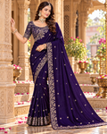 Pure Silk Party Wear Saree With Unstitched Blouse(Navy Blue)
