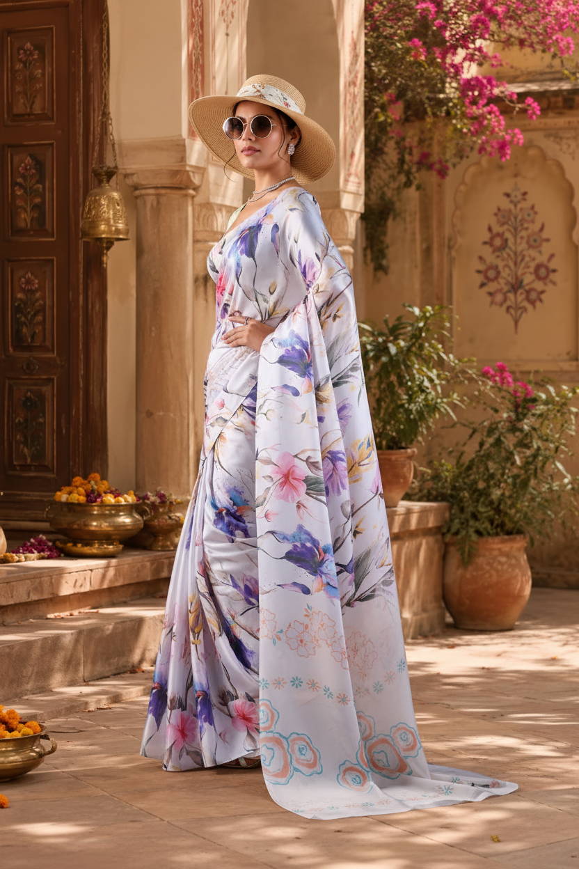 Satin Silk Digital Printed Saree With Unstitched Blouse(White)