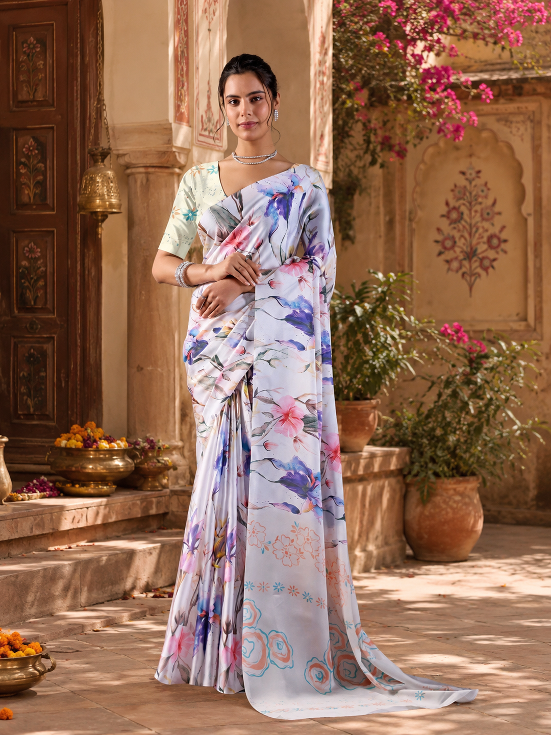 Satin Silk Digital Printed Saree With Unstitched Blouse(White)
