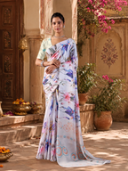 Satin Silk Digital Printed Saree With Unstitched Blouse(White)