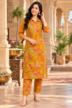 Roman Silk Kurti Pant Set(Mustard)