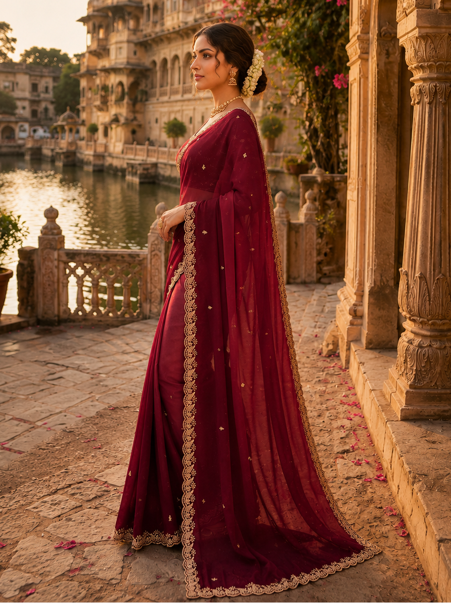 Georgette Border Work Saree With Unstitched Blouse(Red)