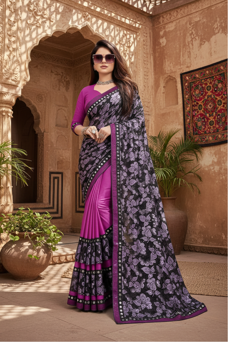 Women's lycra blend saree with blouse (purple, 5 6 mtrs) kashvii