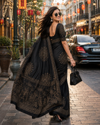 Premium  Gajji Silk Heavy Mirror Work Saree With Unstitched Blouse (Black)