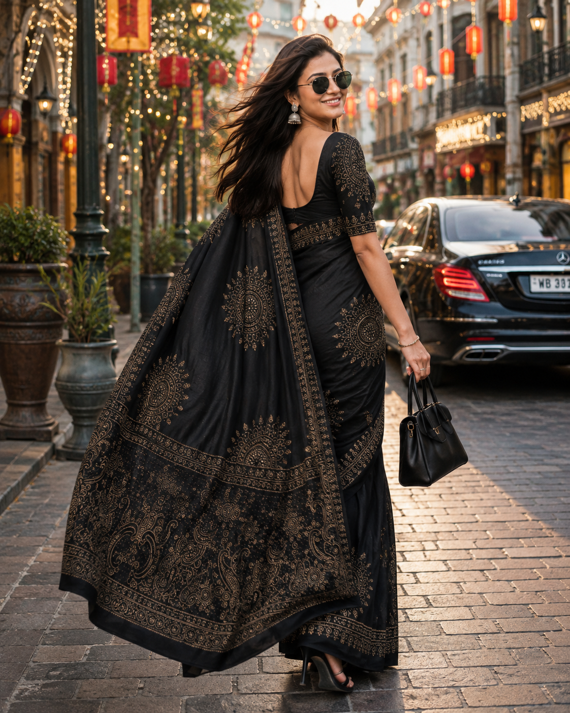 Premium  Gajji Silk Heavy Mirror Work Saree With Unstitched Blouse (Black)