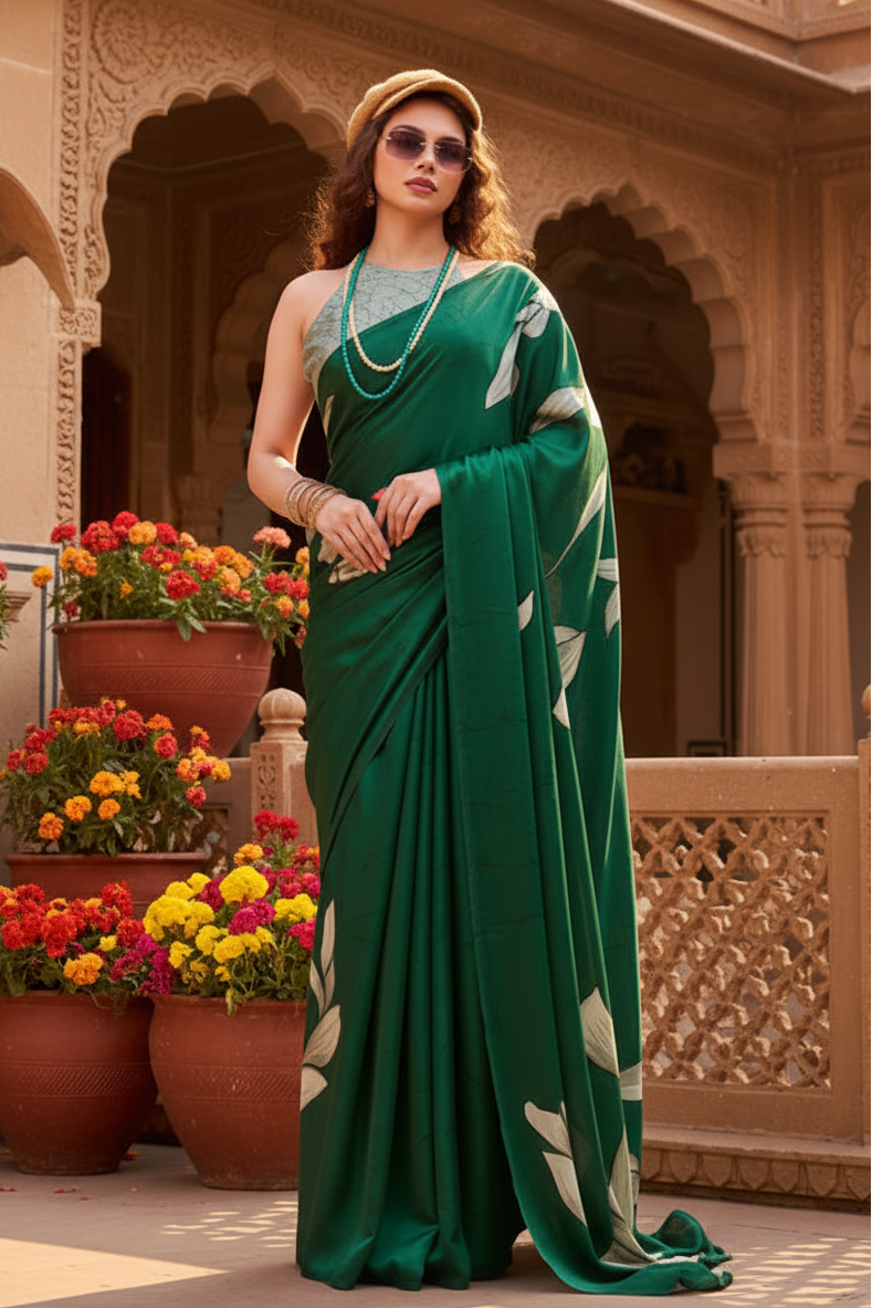 Stunning Satin Silk Floral Printed Saree With Unstitched Blouse(Green)