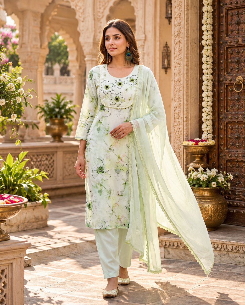 Pure Cotton Kurti Pant And Dupatta Set(Light Green)