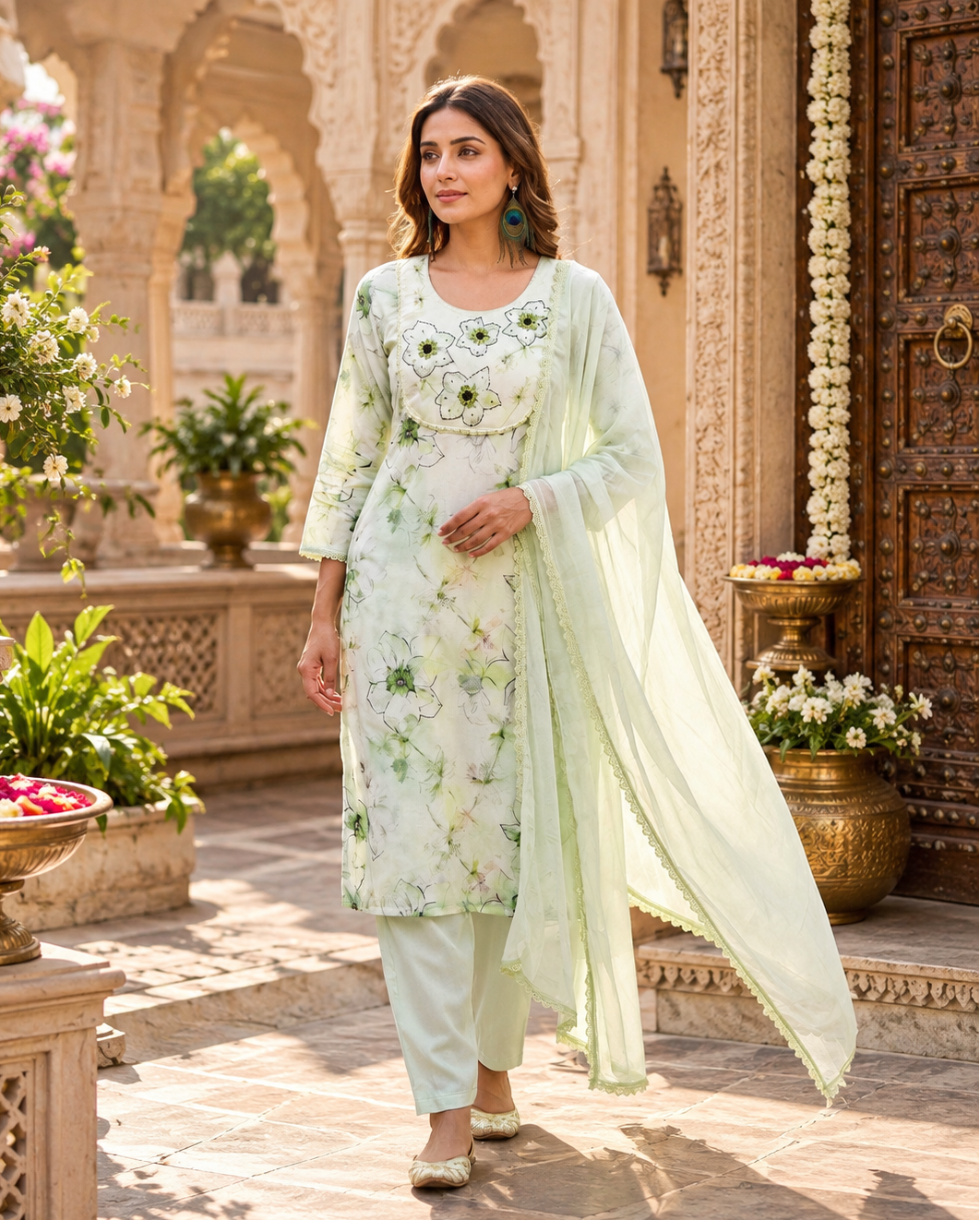 Pure Cotton Kurti Pant And Dupatta Set(Light Green)