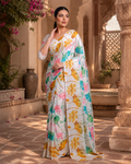 Premium Satin Silk Printed Saree With Unstitched Blouse(White)