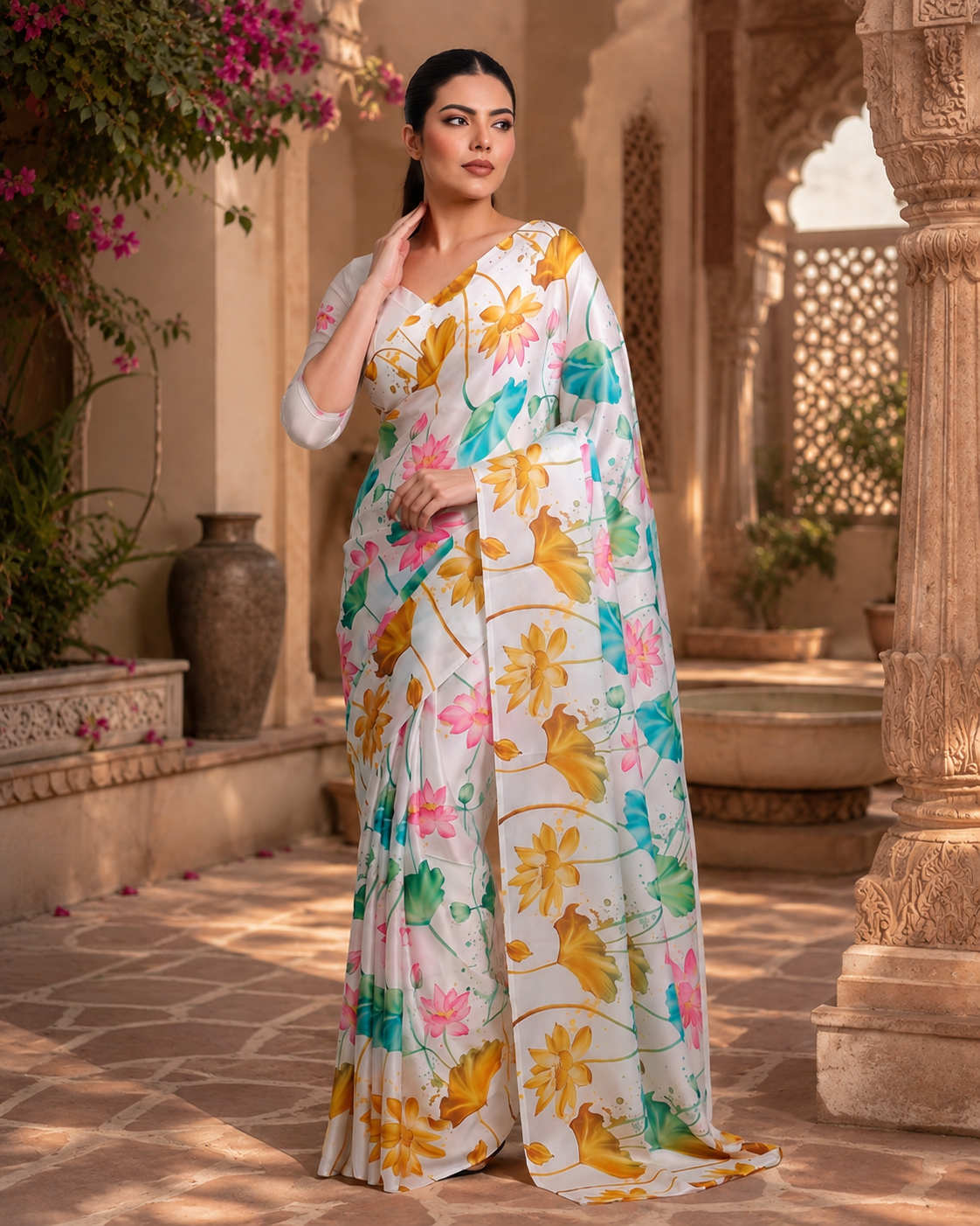 Premium Satin Silk Printed Saree With Unstitched Blouse(White)