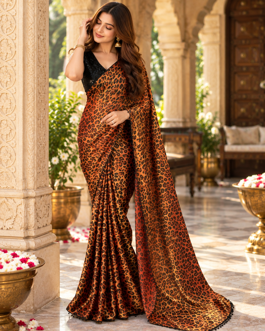 Satin Silk Printed Saree With Unstitched Blouse(Mustard)
