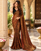 Satin Silk Printed Saree With Unstitched Blouse(Mustard)