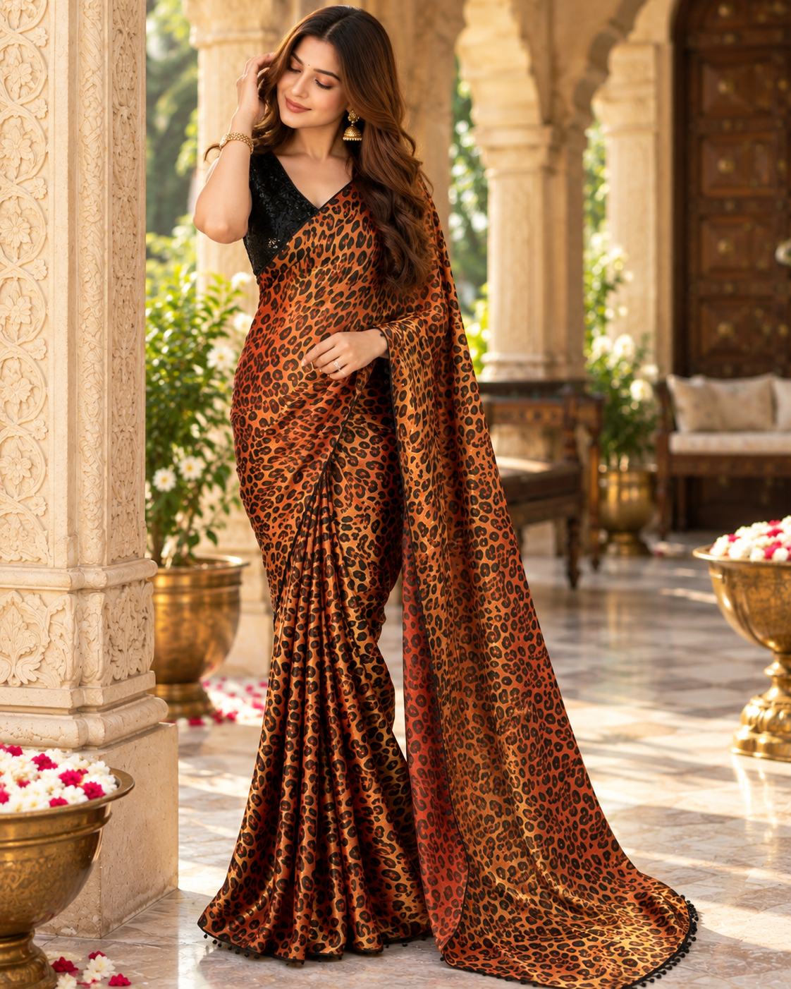 Satin Silk Printed Saree With Unstitched Blouse(Mustard)