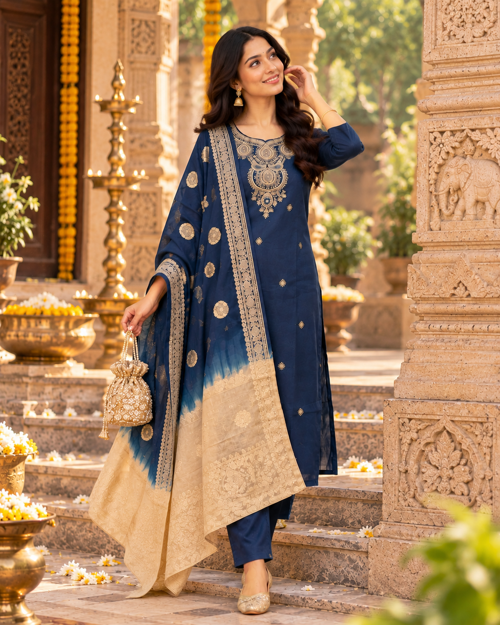 Roman Silk Kurti Pant With Dupatta Set(Navy Blue)