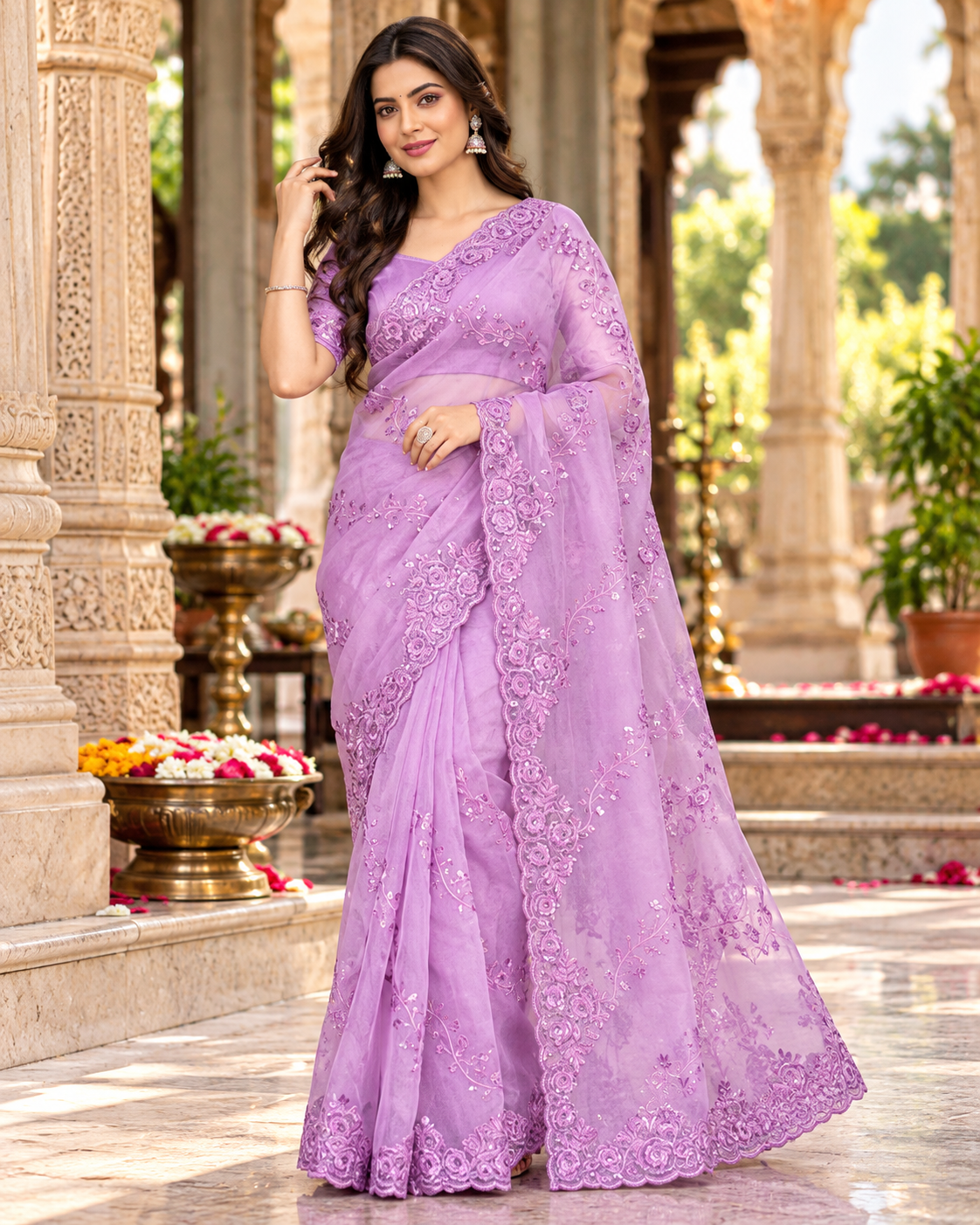 Organza Silk Sequin Work Saree With Unstitched Blouse(Violet)