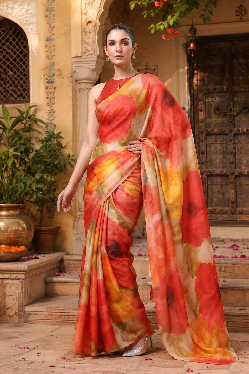 Satin Silk Party Wear Saree With Unstitched Blouse(Orange)