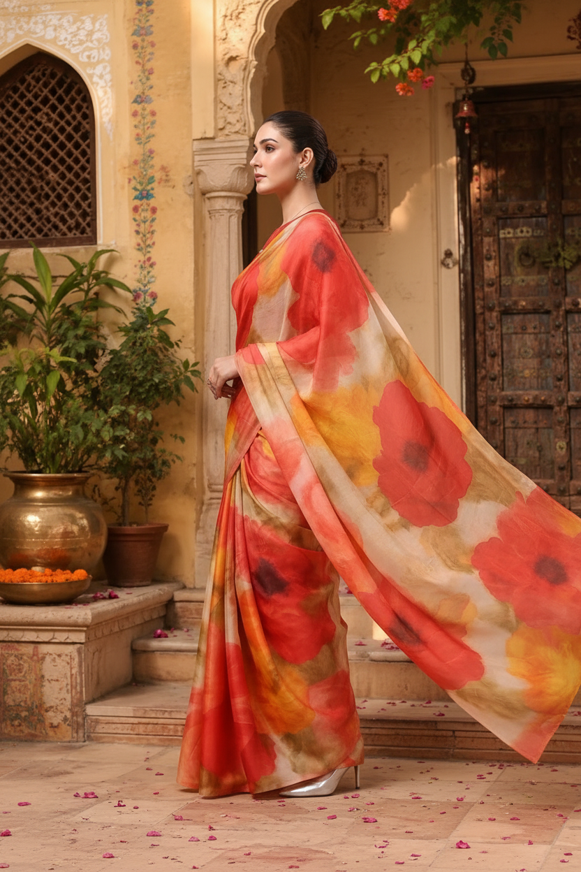 Satin Silk Party Wear Saree With Unstitched Blouse(Orange)