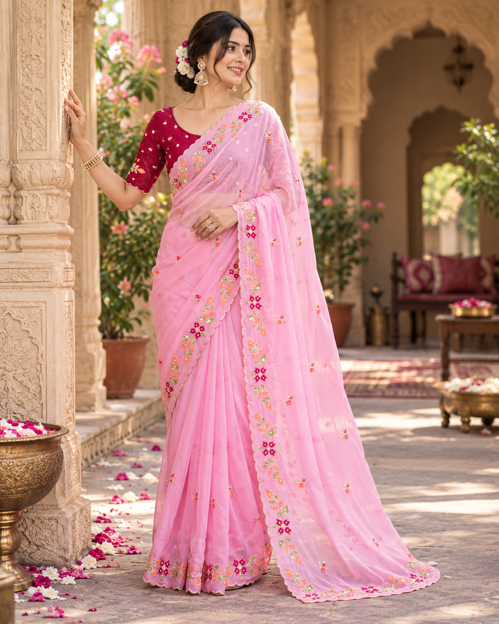 Rangoli Silk Embroidery Work Saree With Unstitched Blouse(Pink)