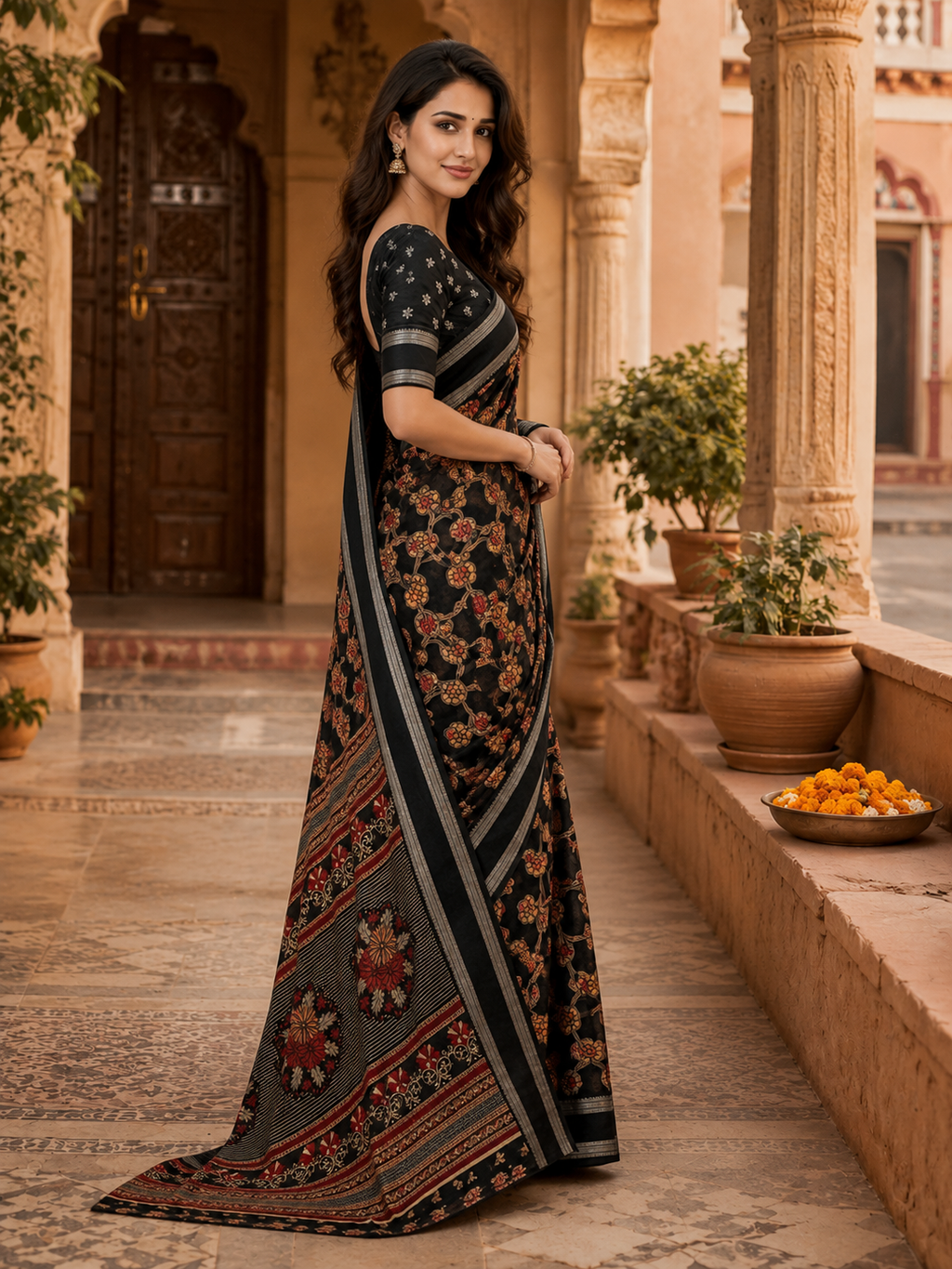 Georgette Designer Saree With Unstitched Blouse(Black)