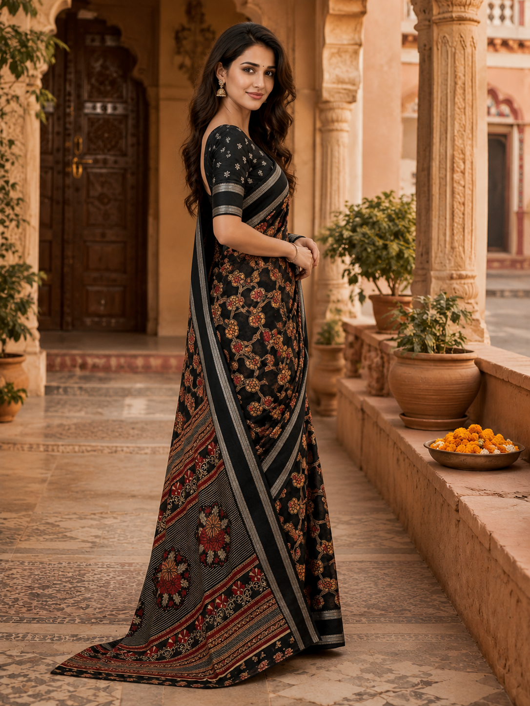 Georgette Designer Saree With Unstitched Blouse(Black)