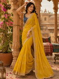 Premium Georgette Embroidery Thread Work Saree With Unstitched Blouse(Mustard)