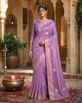 Gold Span Embroidery Moti Beats Zari Patta Border Silk Saree With Unstitched Blouse ( Violet)