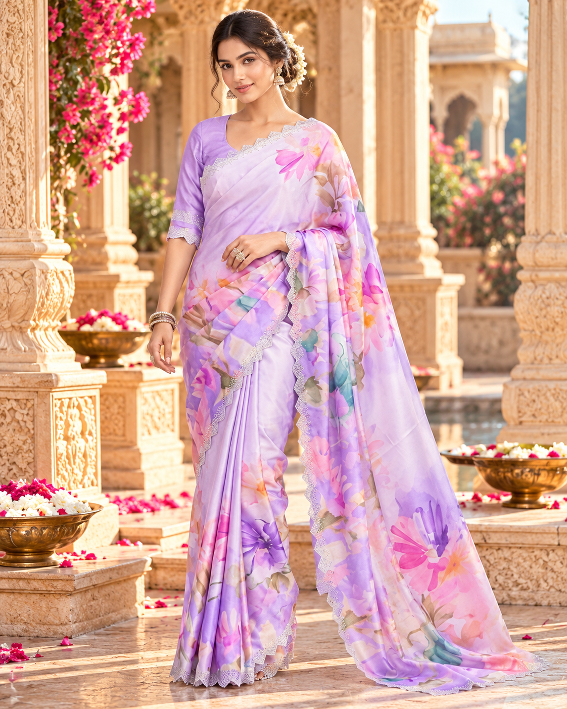 Pure Maheshwari Silk Saree With Unstitched Blouse(Lavender)