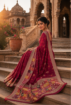 Dola Silk Soft Rajwadi Kashmiri Thread Zari Weaving Border With Unstitched Butti  Blouse (Maroon)