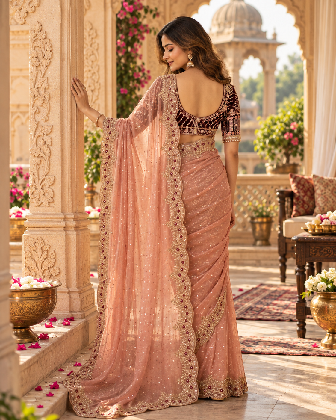 Zari Silk Sequins Work Saree With Unstitched Blouse(Peach)