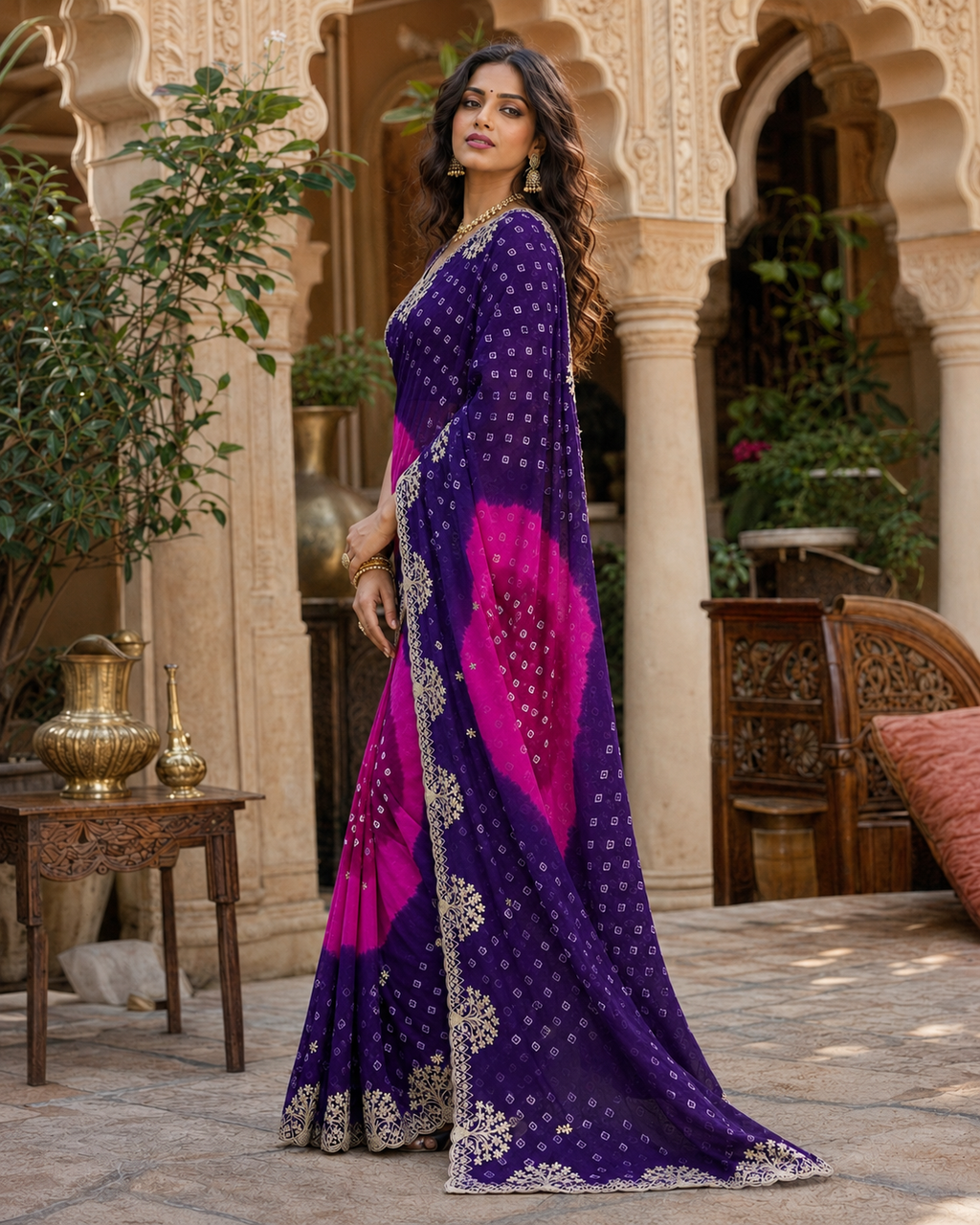 Georgette Bandhani Print Saree With Unstitched Blouse(Purple)