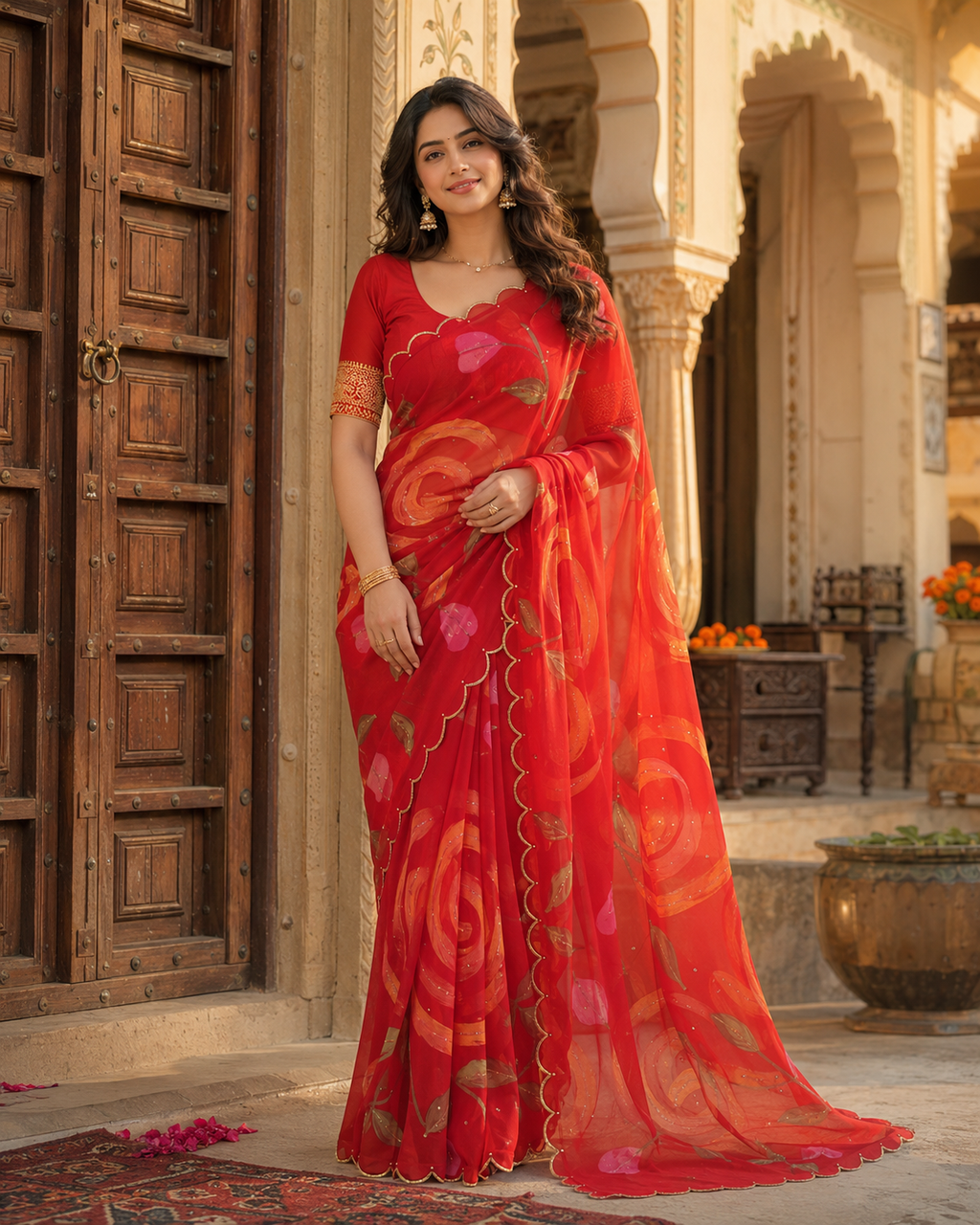 Blooming Georgette Floral Print Saree With Unstitched Blouse(Red)