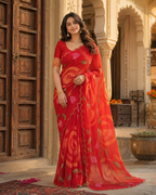 Blooming Georgette Floral Print Saree With Unstitched Blouse(Red)