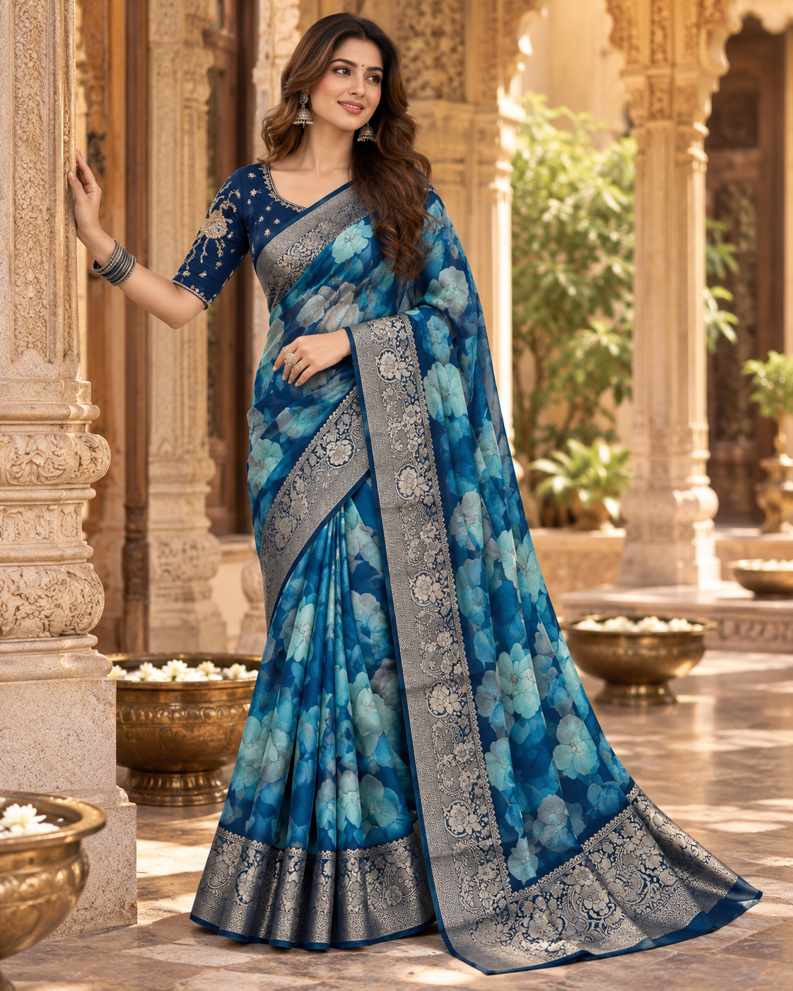 Chiffon Silk Printed Saree With Unstitched Blouse(Blue)