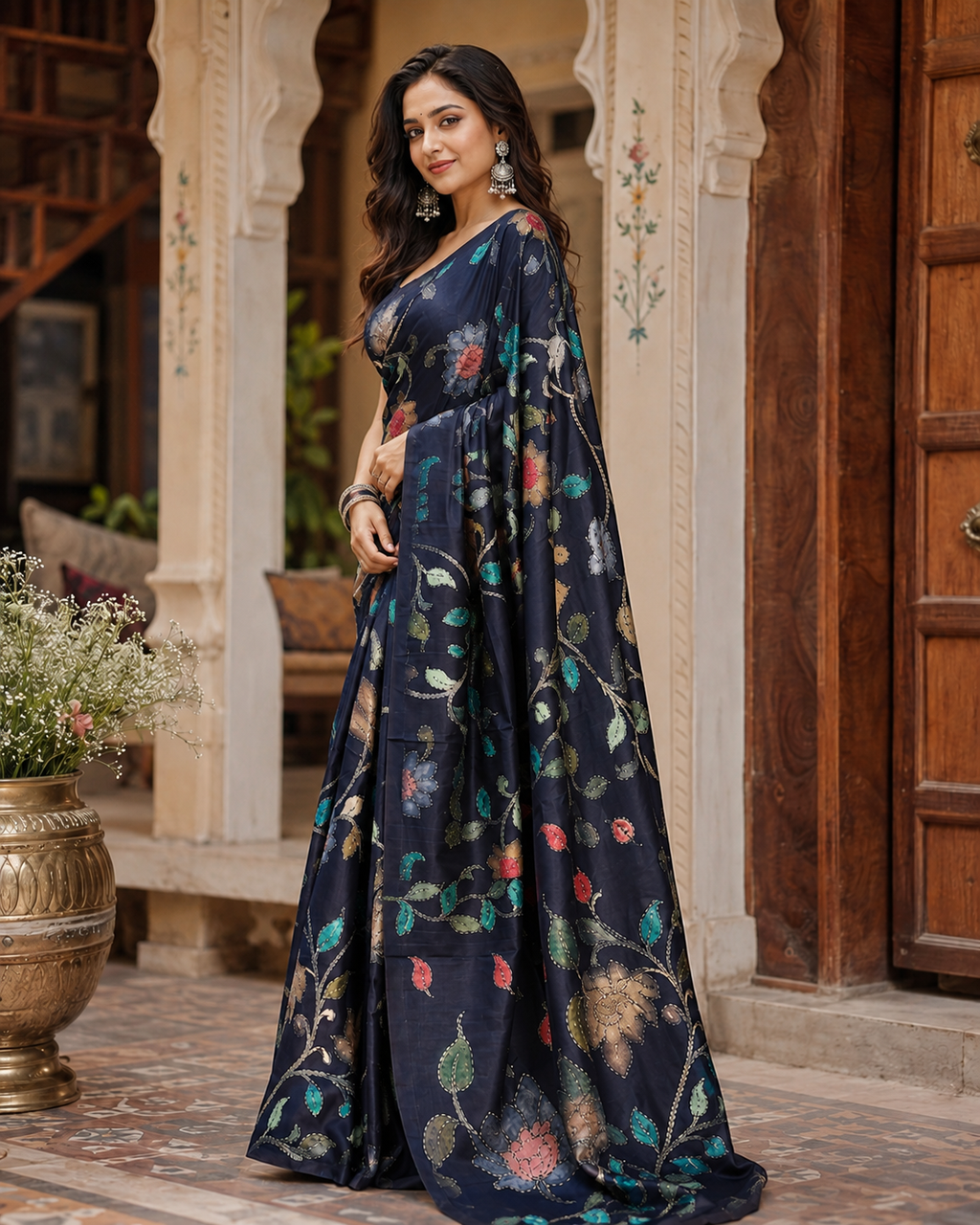 Georgette Digital Printed Saree With Unstitched Blouse(Black)