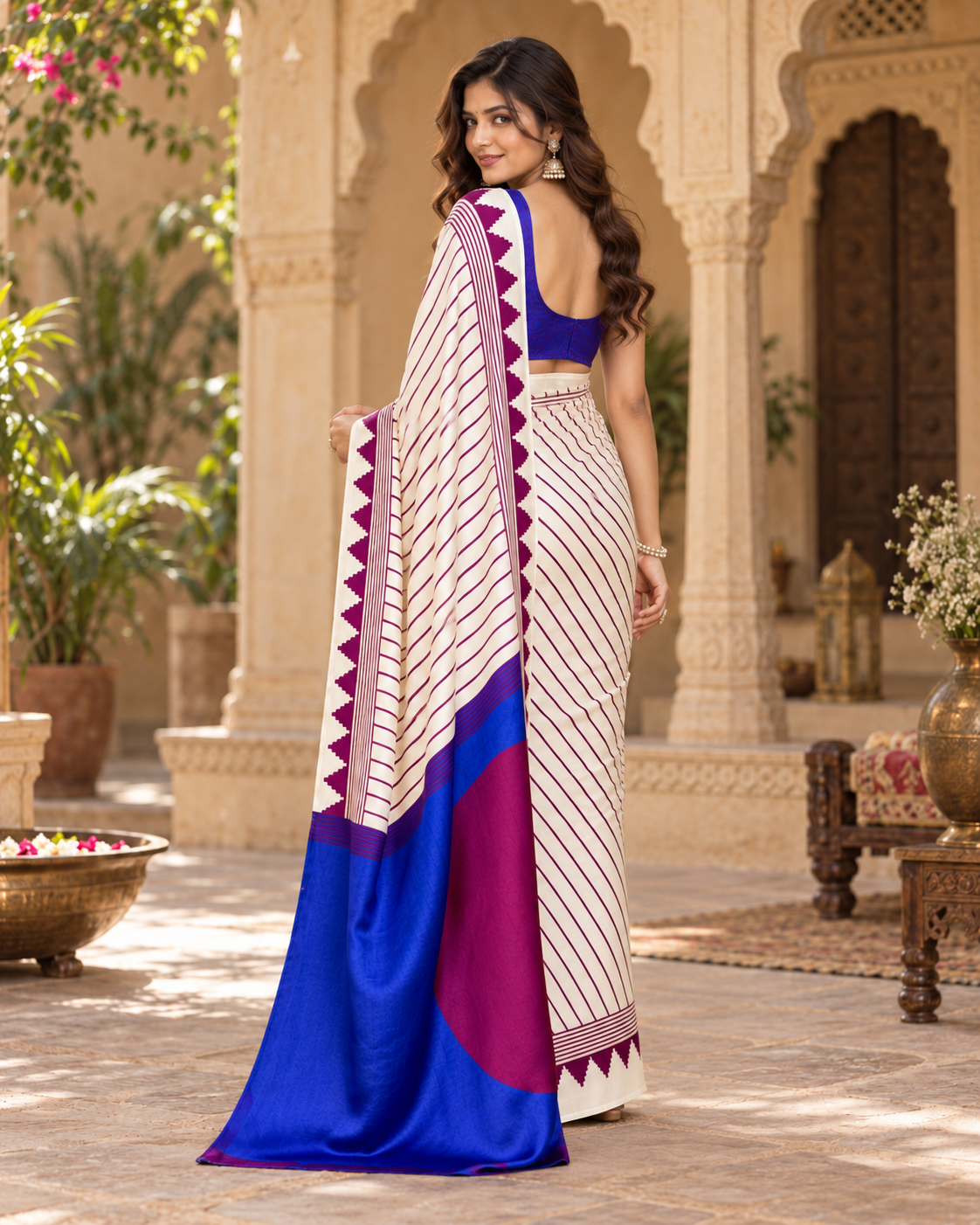 Satin Silk Ajrakh Printed Saree With Unstitched Blouse(White)