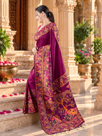 Premium Pashmina Kashmiri Meenakari Weaves Tassels Saree(Wine)