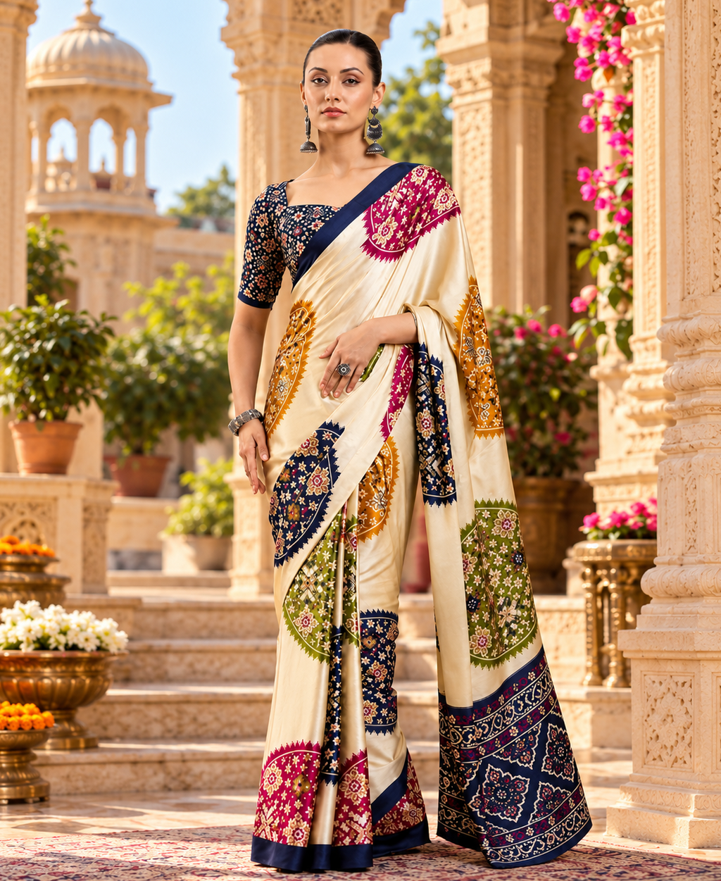 Satin Silk Ajrakh Print saree With Unstitched Blouse(Cream)