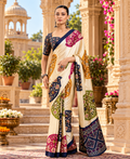 Satin Silk Ajrakh Print saree With Unstitched Blouse(Cream)