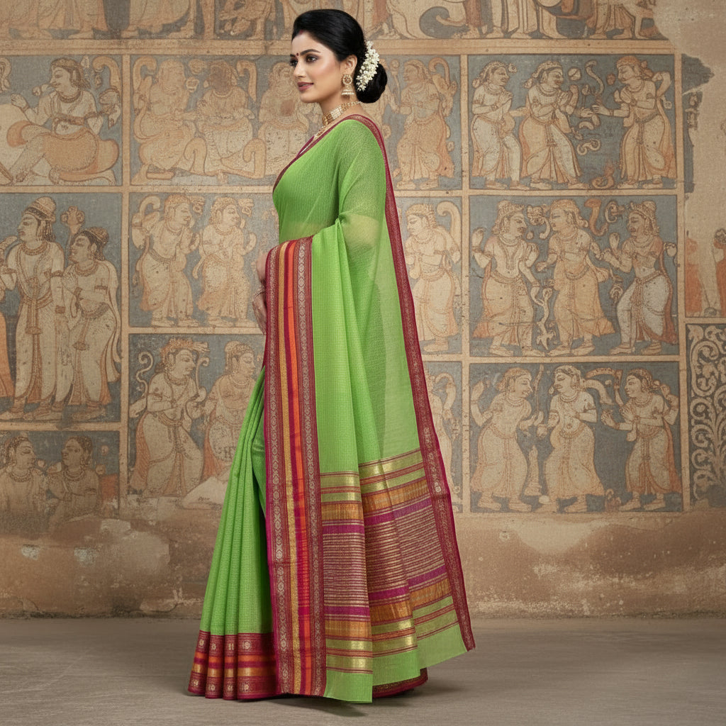 Women's kota doria cotton bordered saree with blouse (light green, 5 6 mtrs) kashvii