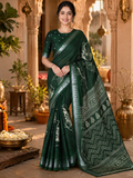 Premium Slub Silk Floral Printed  Zari Border Saree With Unstitched Blouse (Bottle Green)