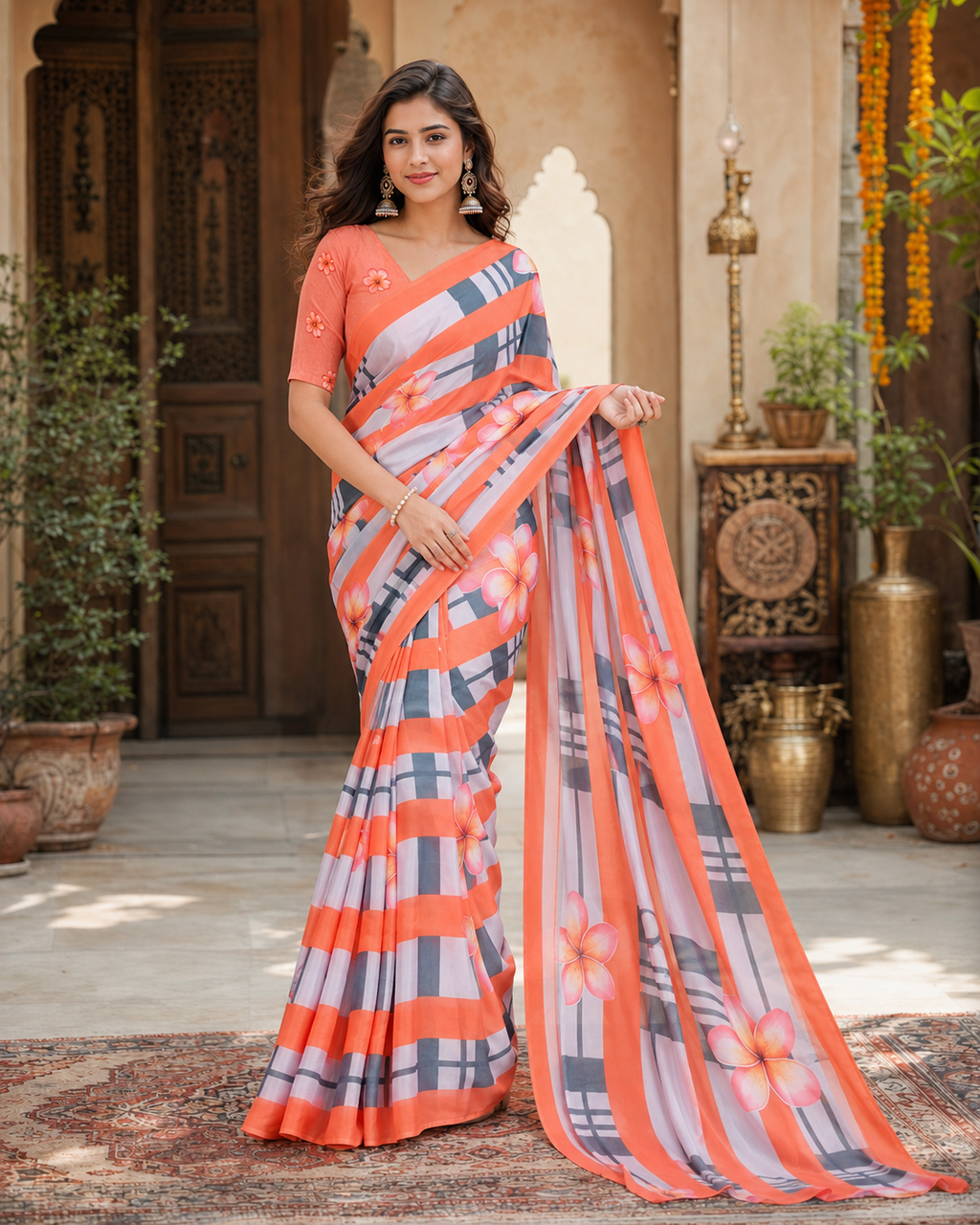 Satin Silk Printed Saree with Unstitched Blouse(Orange)