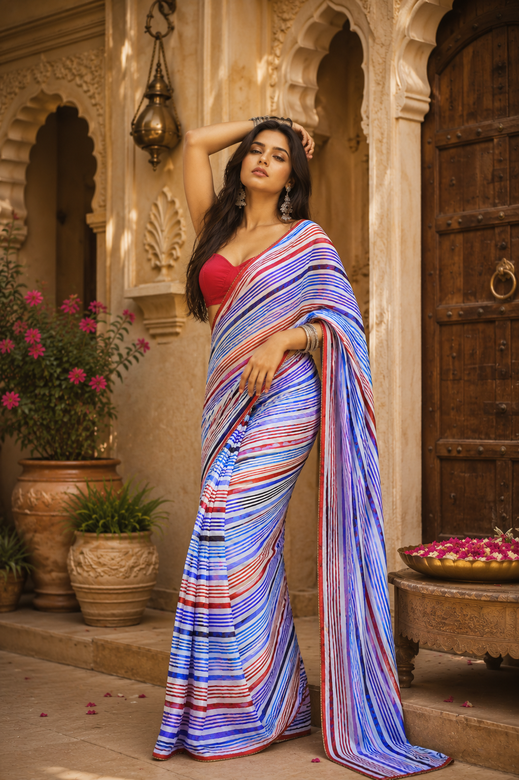 Georgette Printed Ready To Wear Sarees With Unstitched Blouse(Blue)