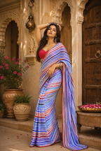 Georgette Printed Ready To Wear Sarees With Unstitched Blouse(Blue)