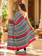 Original Gaji Silk Ajrakh Print Saree With Unstitched Blouse(White)